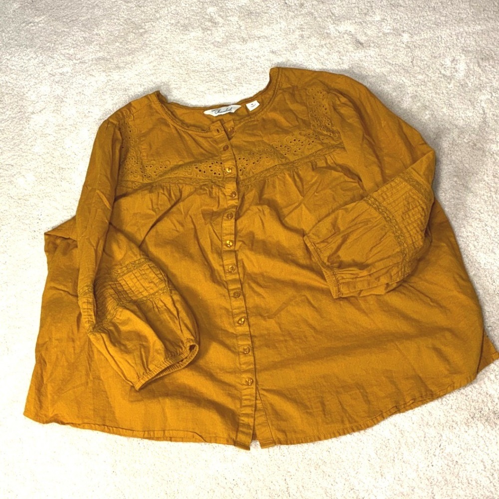 Caffe Marrakesh Mustard Yellow Eyelet Blouse - XL - Boho Lace Cotton Peasant Top